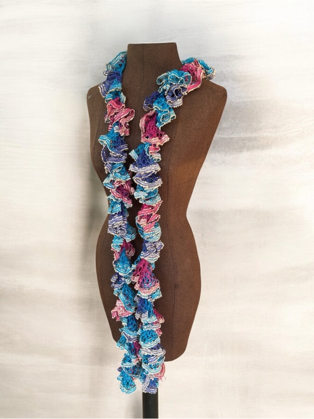 Ruffled Crochet Scarf in Pink, Blue & Purple